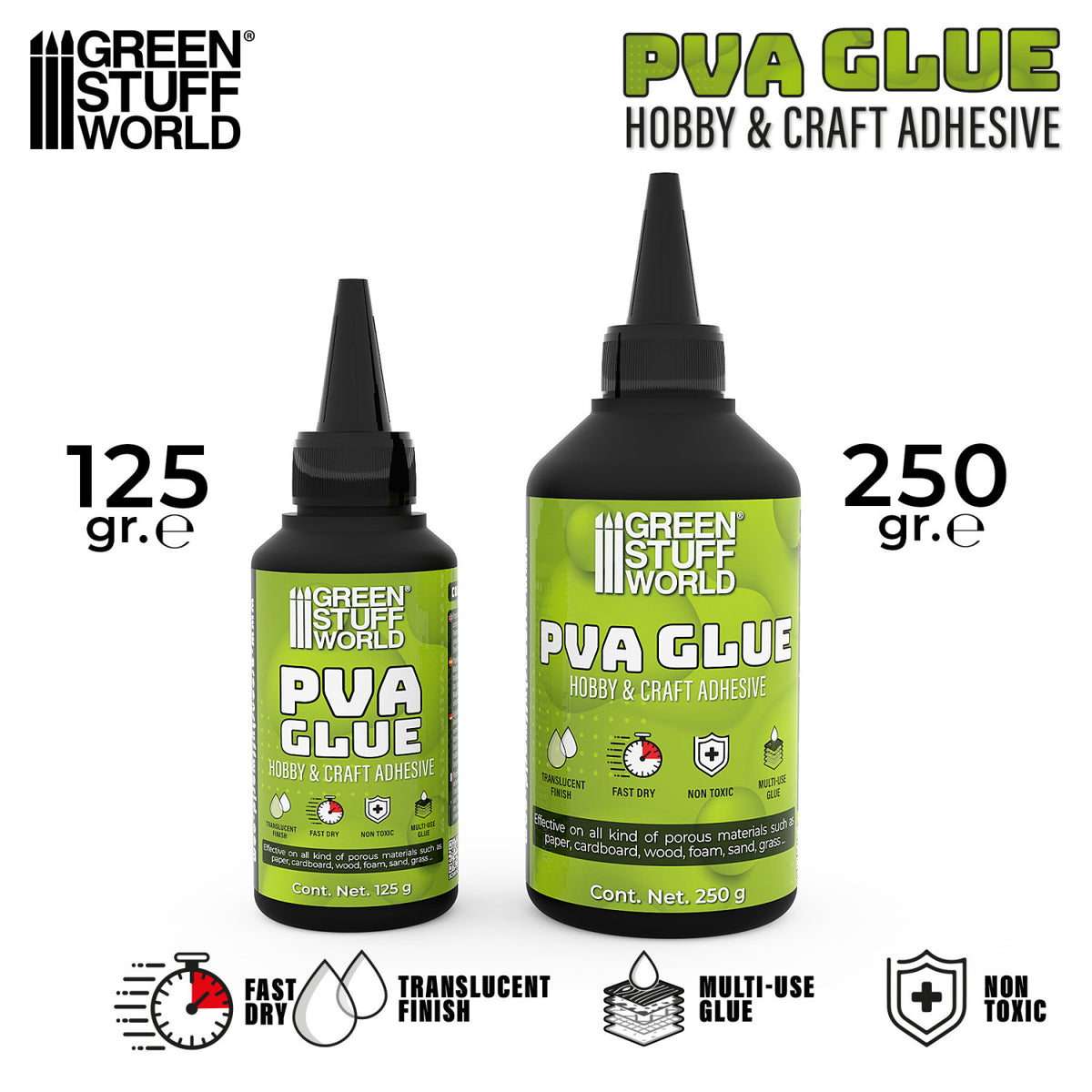 PVA Glue Green Stuff World – porównanie dwóch rozmiarów butelek: 125g i 250g, ikony właściwości: Fast Dry, Translucent Finish, Multi-Use Glue, Non Toxic, napis "PVA Glue Hobby & Craft Adhesive"
