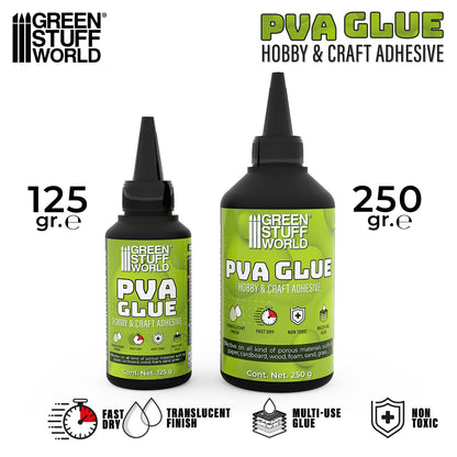 PVA Glue Green Stuff World – porównanie dwóch rozmiarów butelek: 125g i 250g, ikony właściwości: Fast Dry, Translucent Finish, Multi-Use Glue, Non Toxic, napis "PVA Glue Hobby & Craft Adhesive"
