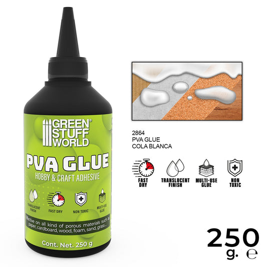 PVA Glue 250g Green Stuff World - specyfikacja produktu z ikonami Fast Dry, Translucent Finish, Multi-Use, Non Toxic