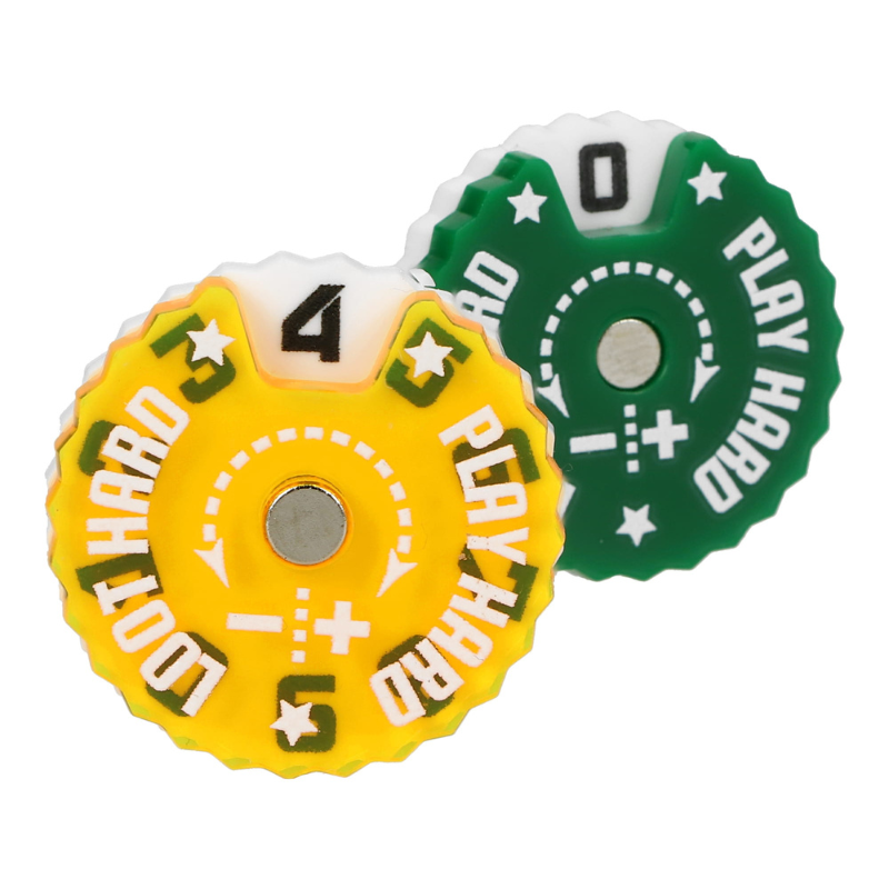 Trackers Counters Range 0-9 25mm WT-2509R7 – dwa liczniki Epic Loot Box z bliska żółty i zielony widok detalu
