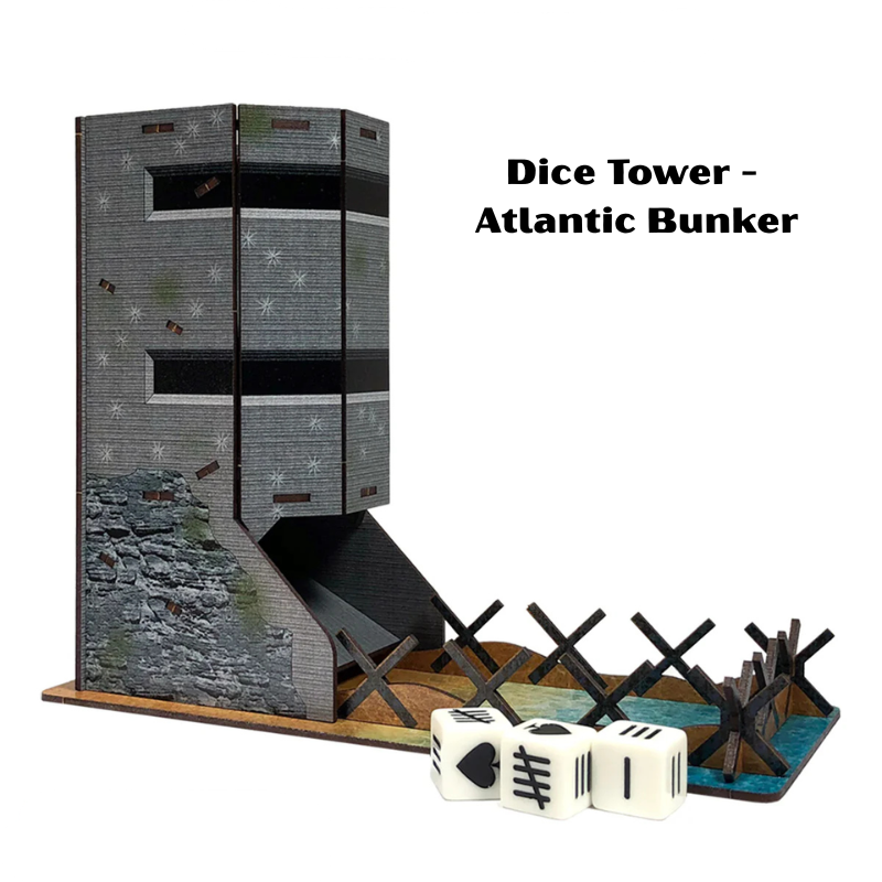 Dice Tower Atlantic Bunker DT18 – wieża do kości MDF z dekoracją bunkra atlantyckiego i przeszkodami plażowymi Sarissa Precision
