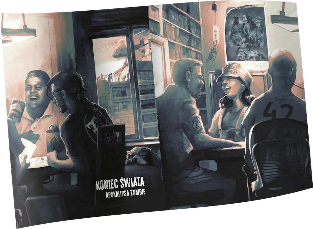 Koniec Świata: Apokalipsa Zombie – ilustracja z okładki wewnętrznej przedstawiająca grupę graczy przy stole podczas sesji RPG
