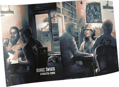 Koniec Świata: Apokalipsa Zombie – ilustracja z okładki wewnętrznej przedstawiająca grupę graczy przy stole podczas sesji RPG

