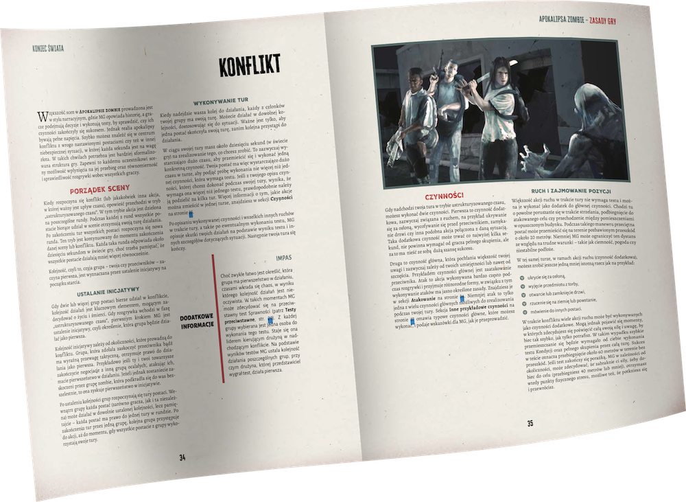 Koniec Świata: Apokalipsa Zombie – rozkładówka z rozdziałem Konflikt, zasady gry i ilustracja sceny walki z zombie
