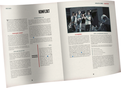 Koniec Świata: Apokalipsa Zombie – rozkładówka z rozdziałem Konflikt, zasady gry i ilustracja sceny walki z zombie
