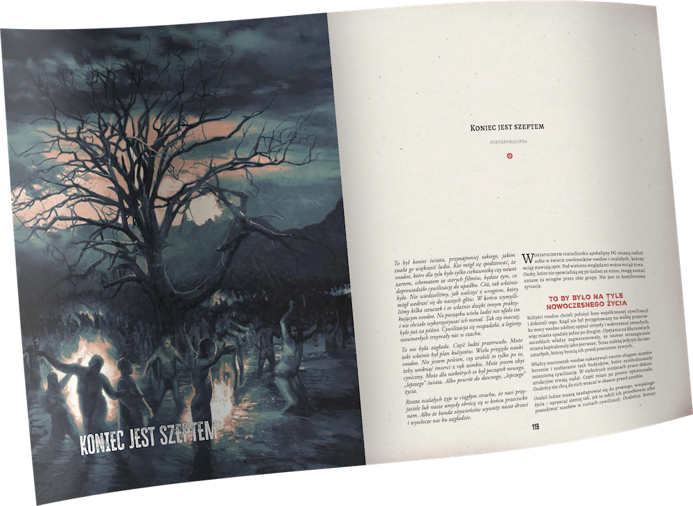 Koniec Świata: Apokalipsa Zombie – rozkładówka z rozdziałem Koniec jest Szeptem, mroczna ilustracja postapokaliptycznego lasu z zombie
