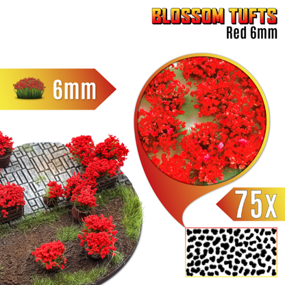 Blossom Tufts 6mm Red Flowers Green Stuff World - diorama z intensywnie czerwonymi kępkami kwiatowymi na okrągłej podstawce z brunatno-zieloną ziemią, zbliżenie na fakturę kępek i schemat rozmieszczenia 75 sztuk
