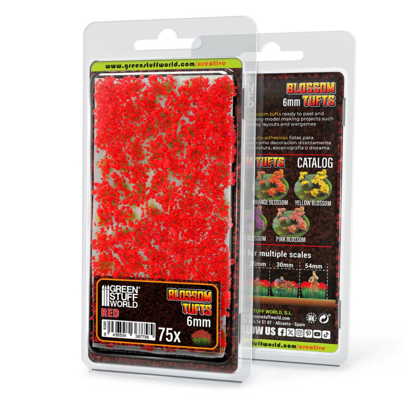 Blossom Tufts 6mm Red Flowers Green Stuff World - opakowanie blister z przodu i tyłu z arkuszem 75 intensywnie czerwonych kępek kwiatowych i oznaczeniem 6mm 75x
