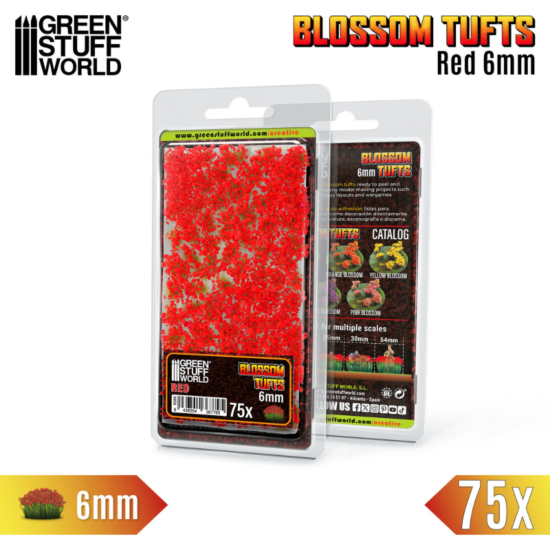 Blossom Tufts 6mm Red Flowers Green Stuff World - opakowanie blister z przodu z arkuszem czerwonych kępek kwiatowych, oznaczenie 6mm i 75x
