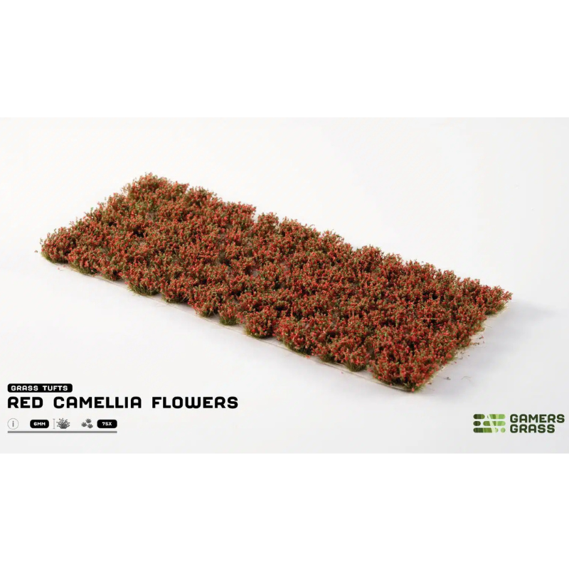 Red Camellia Flowers 6mm Gamers Grass - arkusz kępek kwiatowych na białym tle z logo Gamers Grass i opisem produktu: Grass Tufts 6mm 75x
