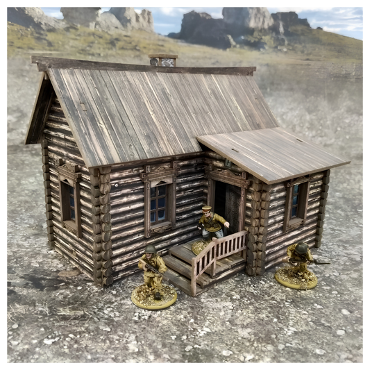 Rosyjska Izba z Bali 28mm – widok z góry na dach z kominkiem i drewniane deski, szare tło, SceneryWargames
