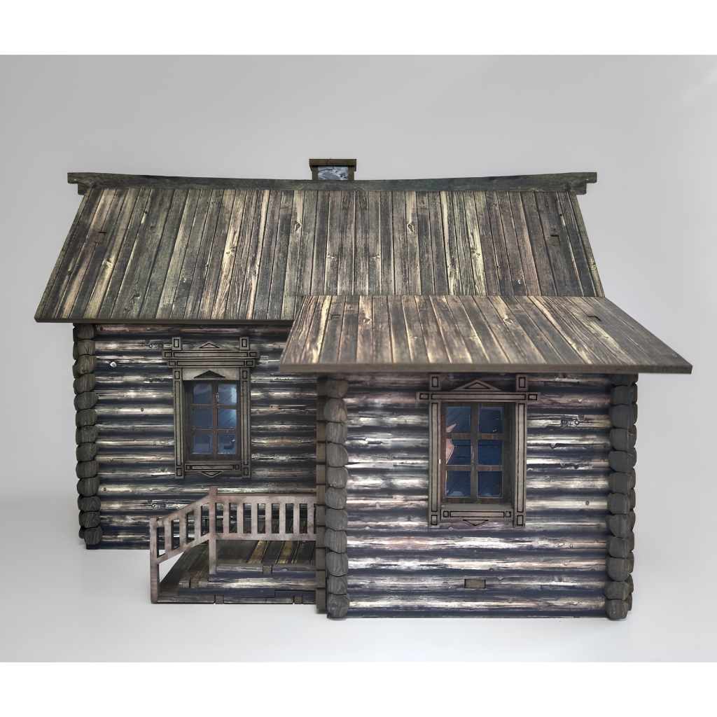 Rosyjska Izba z Bali 28mm – widok z boku, jedno okno i otwarte drzwi z gankiem, szare tło, SceneryWargames
