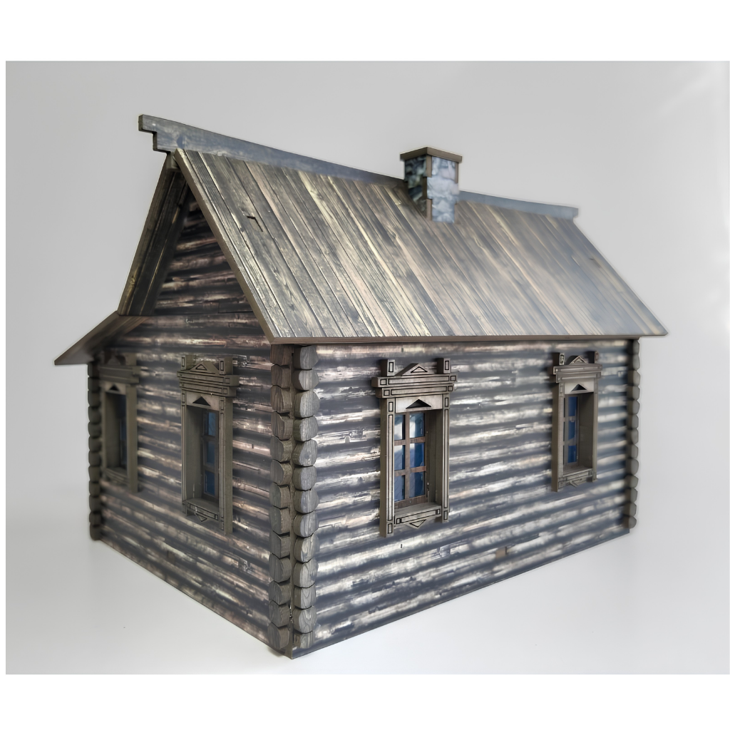 Rosyjska Izba z Bali 28mm – widok izometryczny z przodu i boku, ganek ze schodkami i drzwi, szare tło, SceneryWargames
