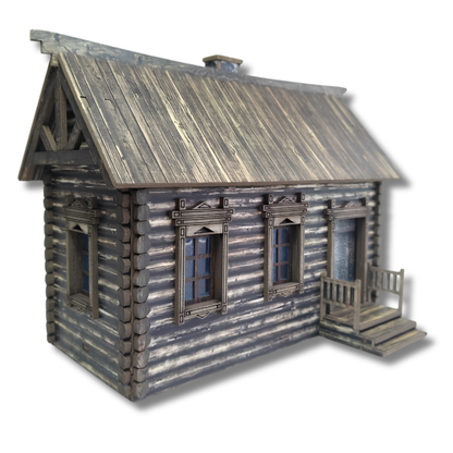 SceneryWargames Russian Izba with Right-Side Entrance Stairs – wstępnie malowany rosyjski dom z bali 28mm, widok z przodu i prawej strony ze schodami wejściowymi, skala 1:56

