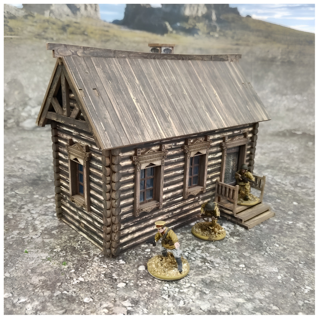 SceneryWargames Russian Izba with Right-Side Entrance Stairs 28mm – scenografia na stole bitewnym z figurkami żołnierzy WWII przy schodach wejściowych po prawej stronie, Bolt Action
