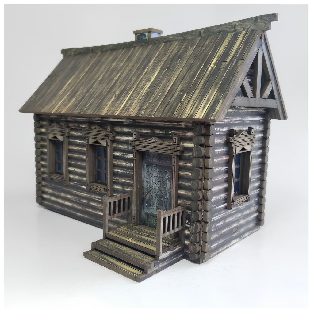 SceneryWargames Russian Izba with Right-Side Entrance Stairs – rosyjski dom z bali 28mm z otwartymi drzwiami na zawiasach i schodami wejściowymi, widok z przodu, skala 1:56
