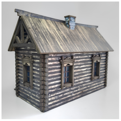 SceneryWargames Russian Izba with Right-Side Entrance Stairs – rosyjski dom z bali 28mm, widok z tyłu i lewej strony z kominkiem na dachu, skala 1:56
