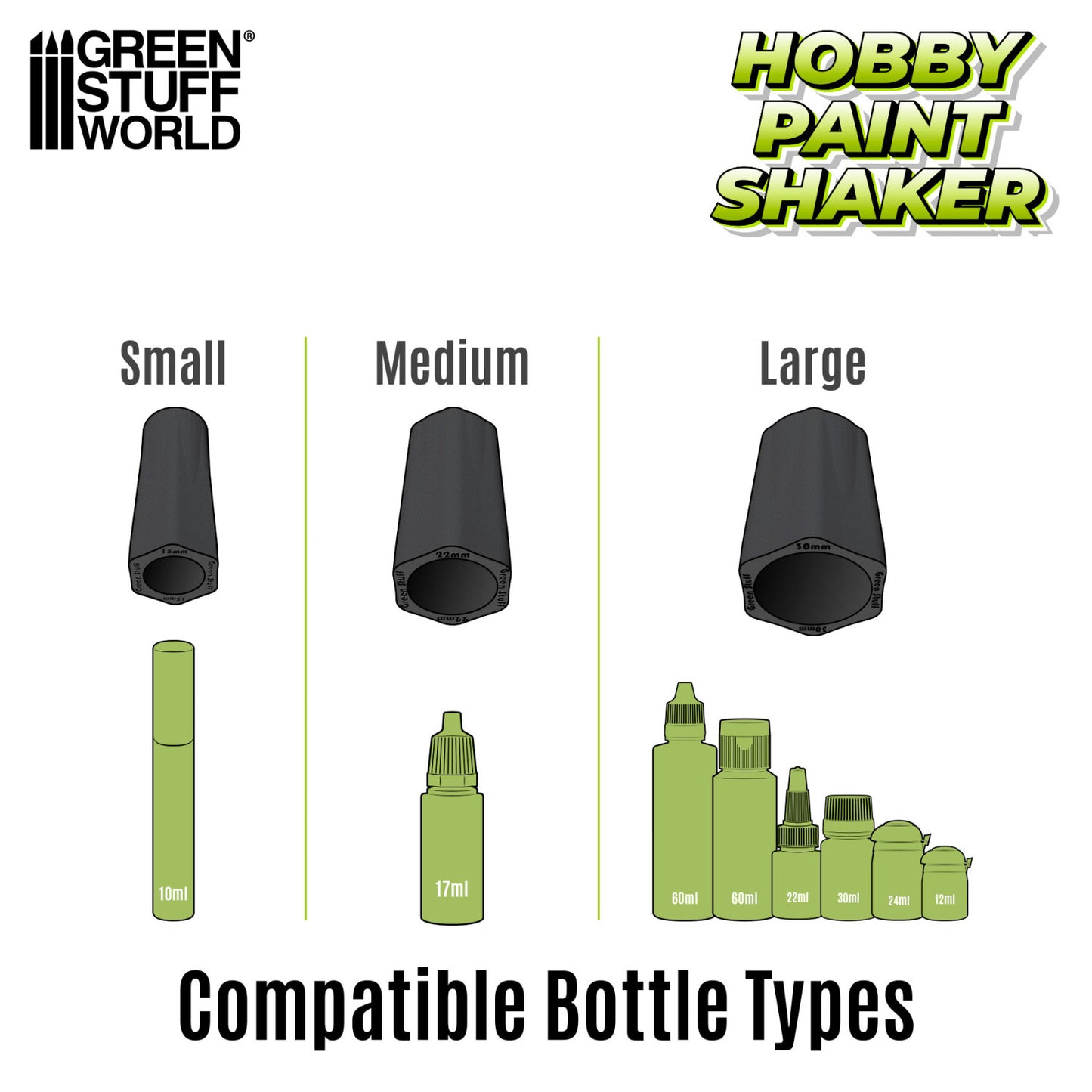 Green Stuff World Hobby Paint Shaker 3055 – schemat trzech adapterów gumowych: Small 13mm (10ml), Medium 24mm (17ml), Large 30mm (12–60ml), kompatybilne typy butelek
