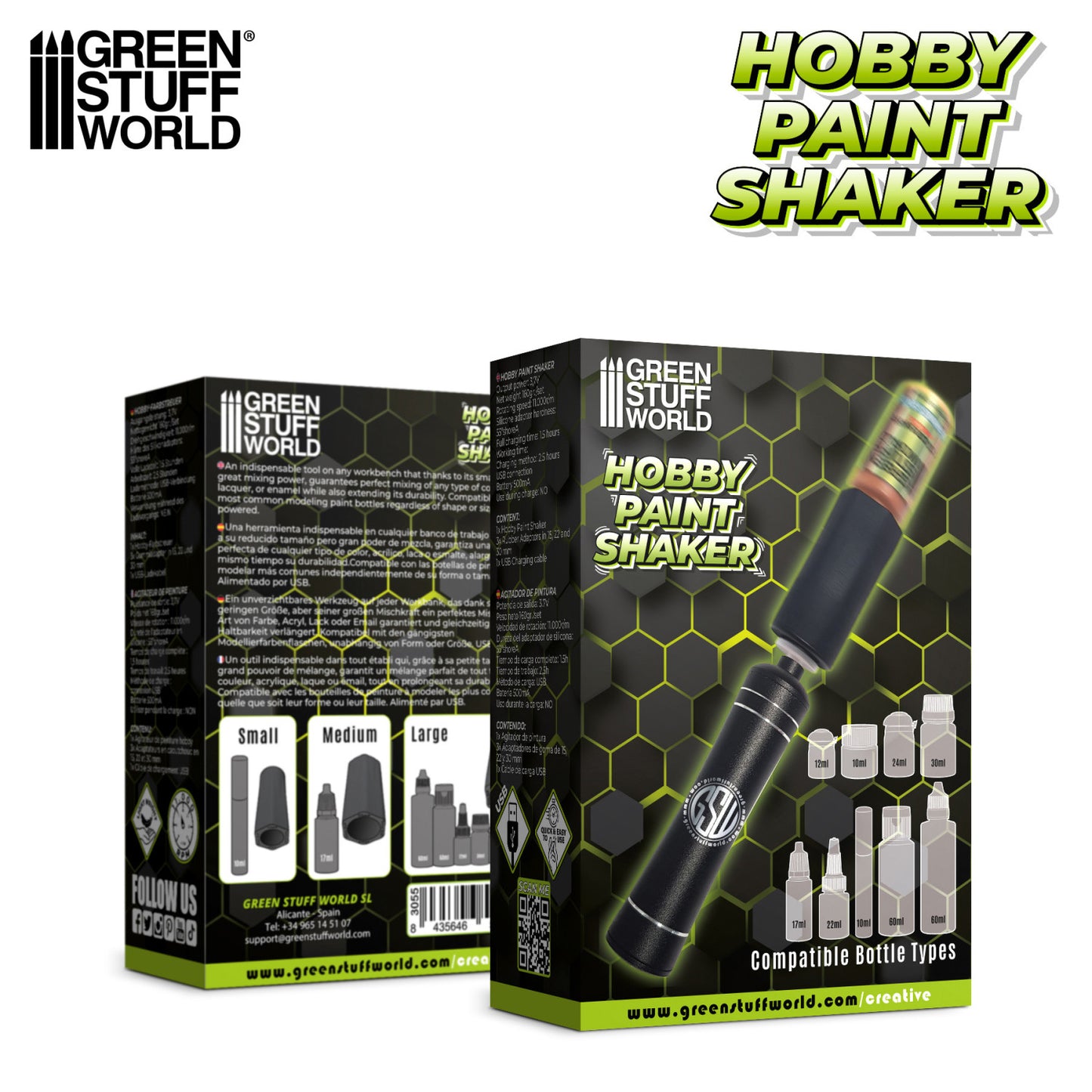 Green Stuff World Hobby Paint Shaker 3055 – pudełko zestawu z przodu i tyłu z opisem technicznym w 4 językach i listą kompatybilnych butelek 12–60ml, Green Stuff World
