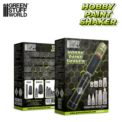 Green Stuff World Hobby Paint Shaker 3055 – pudełko zestawu z przodu i tyłu z opisem technicznym w 4 językach i listą kompatybilnych butelek 12–60ml, Green Stuff World
