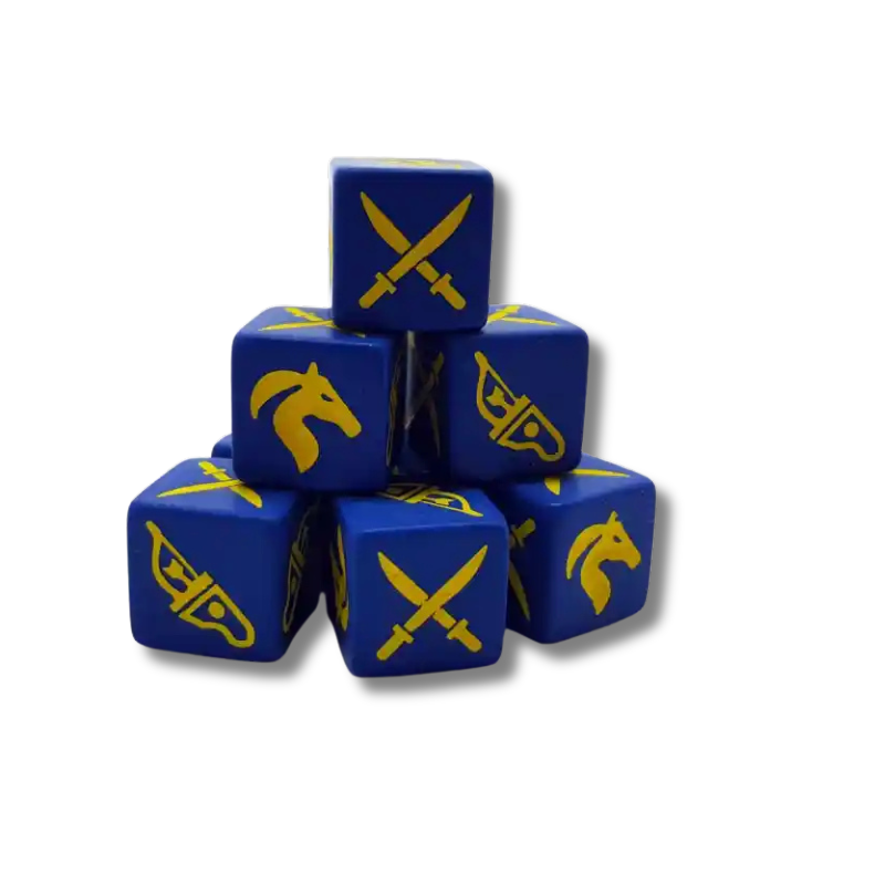 Kości SAGA Eastern Dice SD10 Gripping Beast – 8 niebieskich kości ze złotymi symbolami: skrzyżowane miecze, głowa konia, łuk refleksyjny
