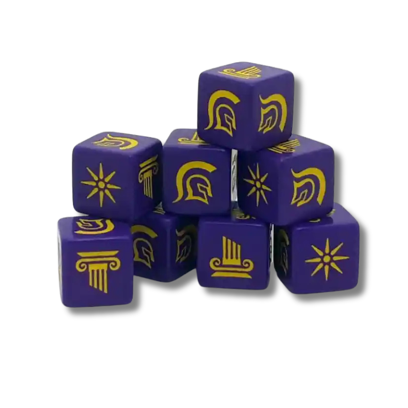 Kości SAGA Hellenic Dice SD17 Gripping Beast – 8 fioletowych kości ze złotymi symbolami greckimi: hełm, słońce, kolumna, ślimak, skrzydła
