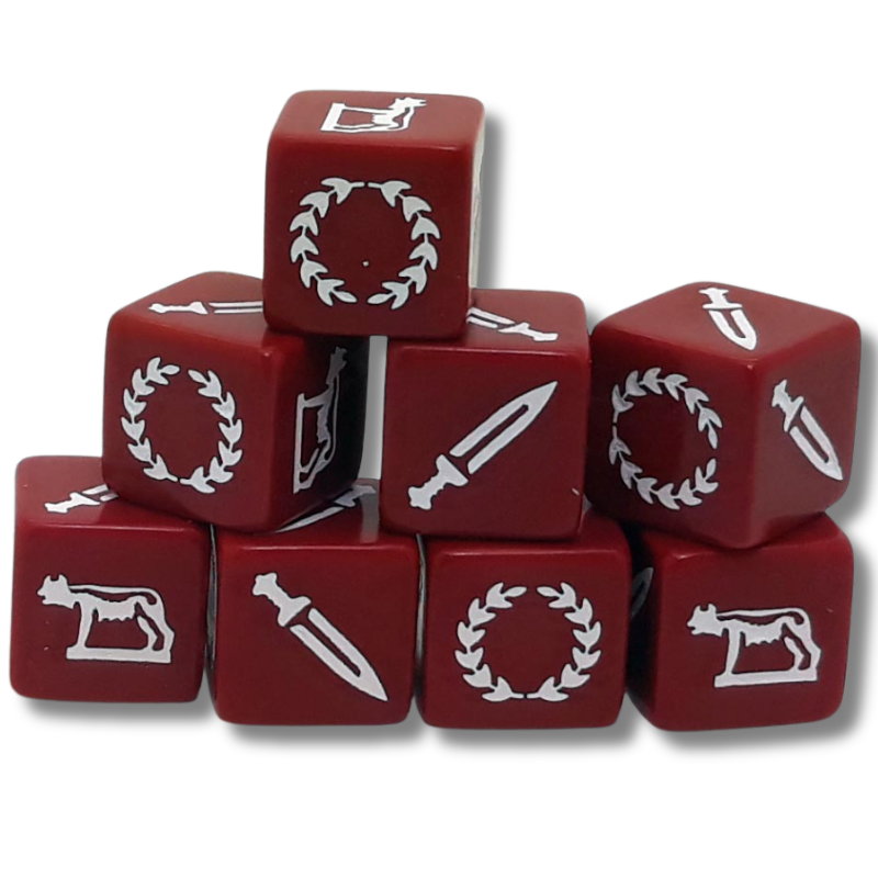 Kości SAGA Ancient Roman Dice SD15 Gripping Beast – 8 ciemnoczerwonych kości z białymi symbolami rzymskimi: wieniec laurowy, gladius, wilczyca, aquila
