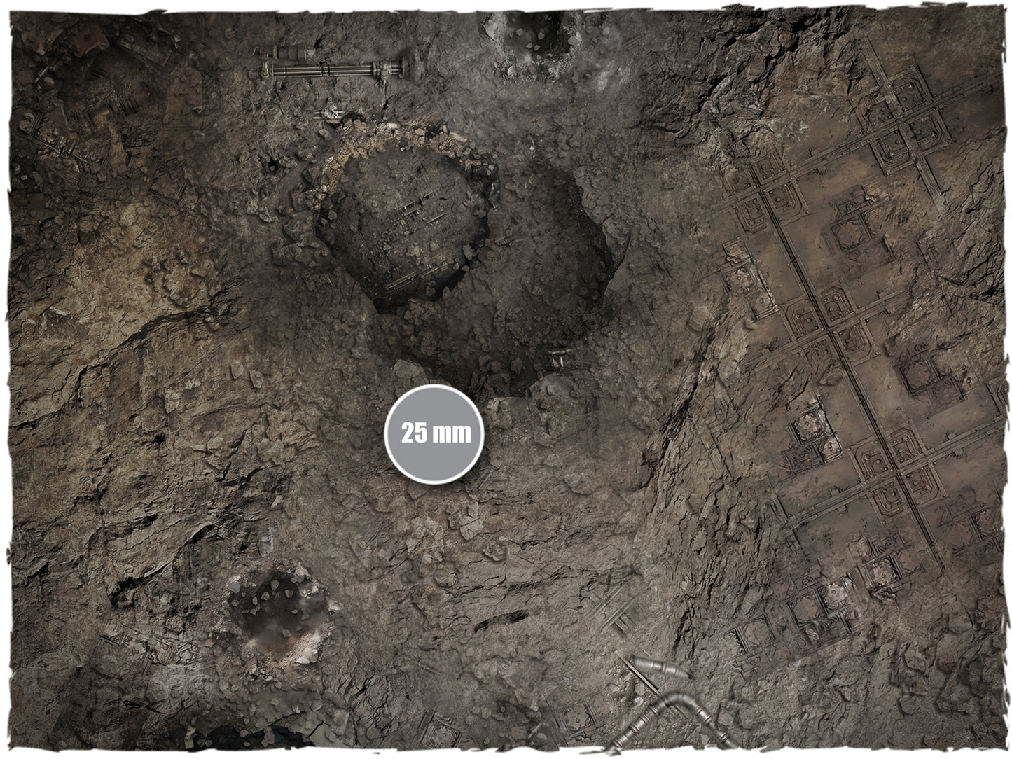 Sector Imperialis – Mata do gry Mousepad Deep-Cut Studio – zbliżenie fundamentów budynków i gruzu ze skalą 25mm
