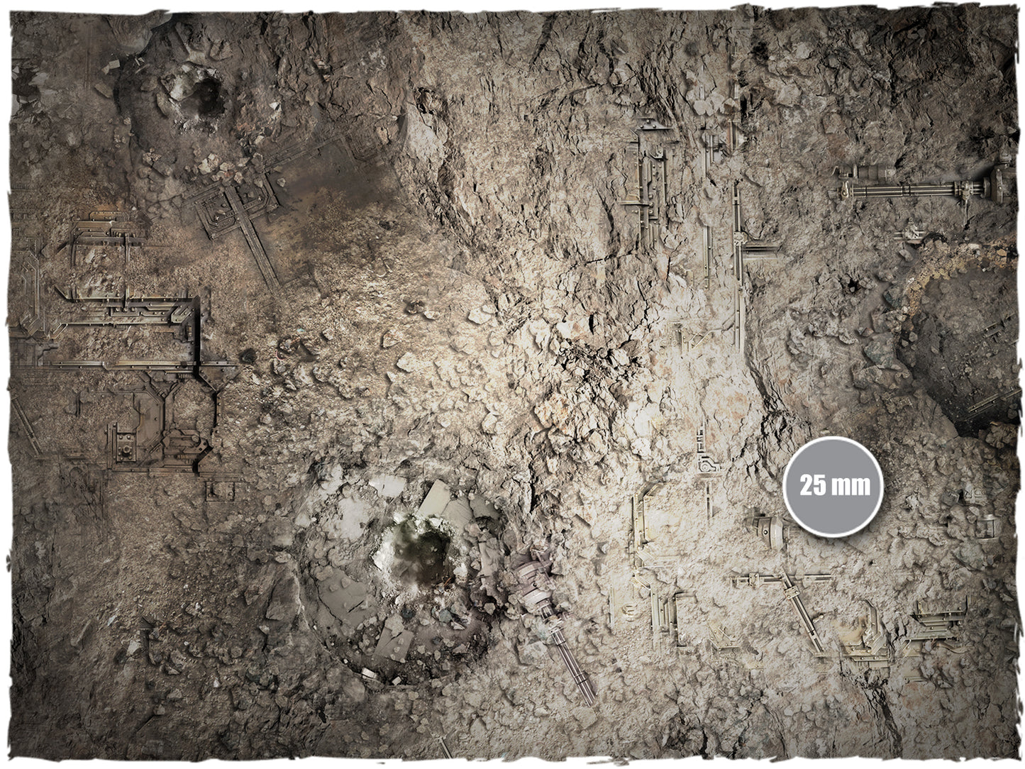 Sector Imperialis – Mata do gry Mousepad Deep-Cut Studio – zbliżenie zniszczonego terenu miejskiego ze skalą 25mm
