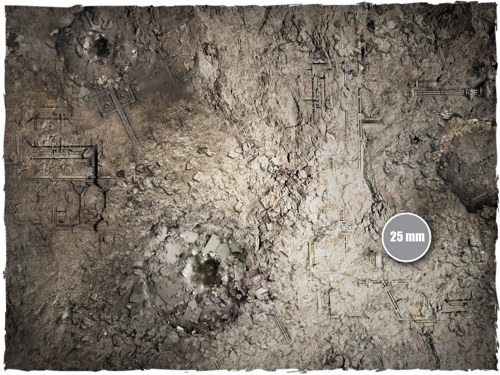 Sector Imperialis – Mata do gry Mousepad Deep-Cut Studio – zbliżenie zniszczonego terenu miejskiego ze skalą 25mm
