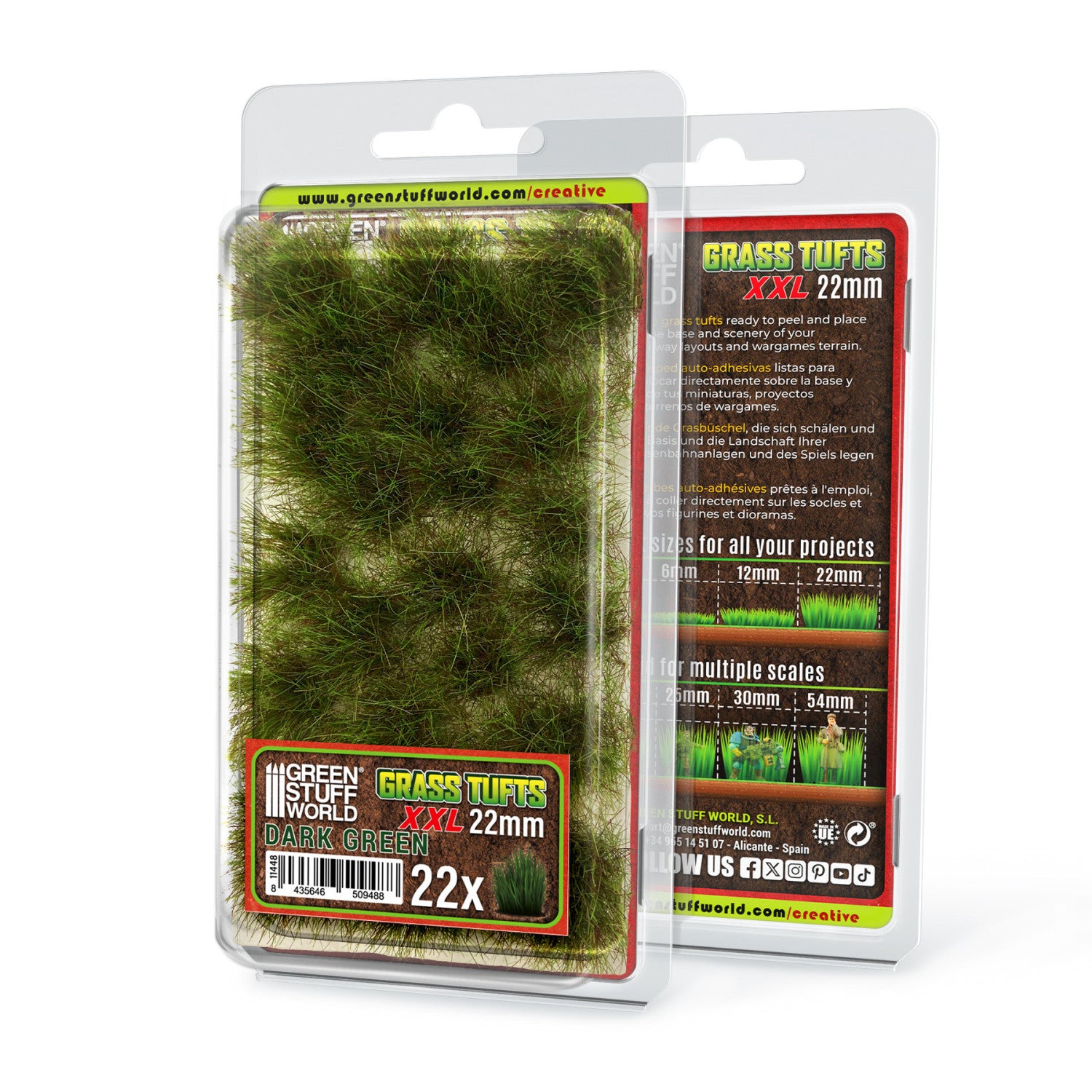 Grass Tufts XXL 22mm Dark Green Green Stuff World - opakowanie 22 samoprzylepnych kępek trawy, widok z przodu i tyłu
