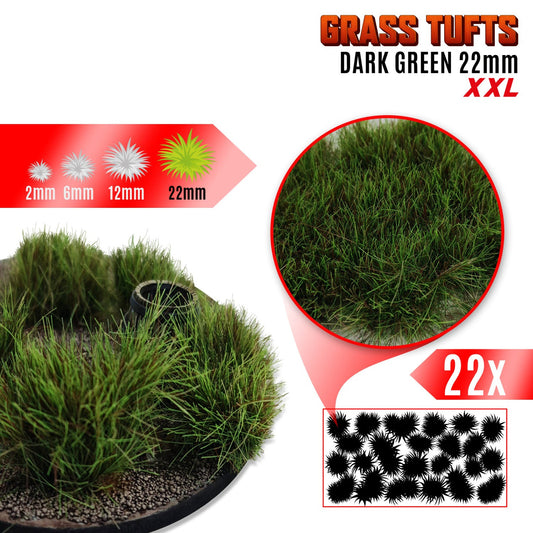 Grass Tufts XXL 22mm Dark Green Green Stuff World - kępka trawy na palcu, skala rozmiaru XXL 22mm z porównaniem 2mm 6mm 12mm
