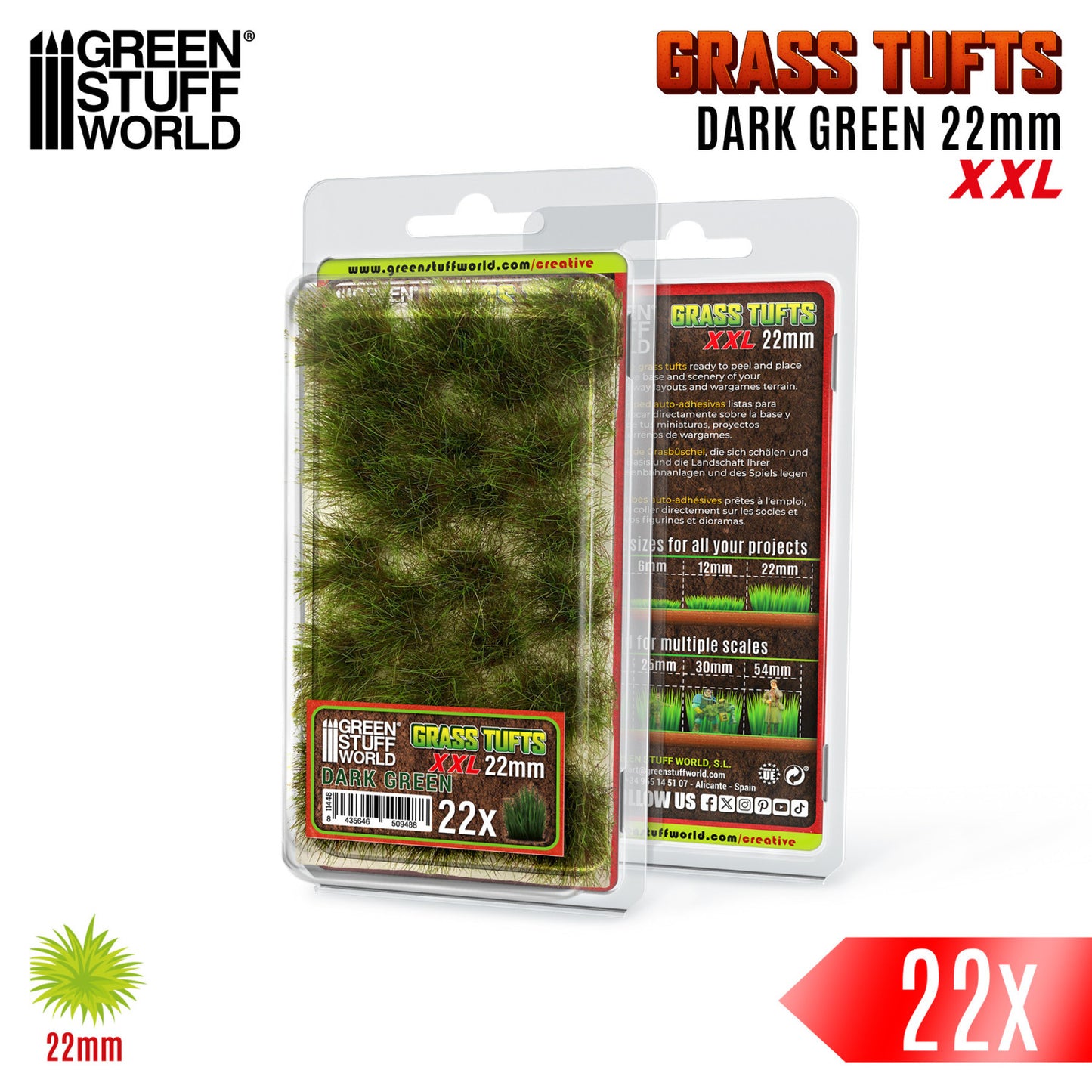 Grass Tufts XXL 22mm Dark Green Green Stuff World - opakowanie blister z opisem rozmiarów 6mm 12mm 22mm i skal 25mm 30mm 54mm
