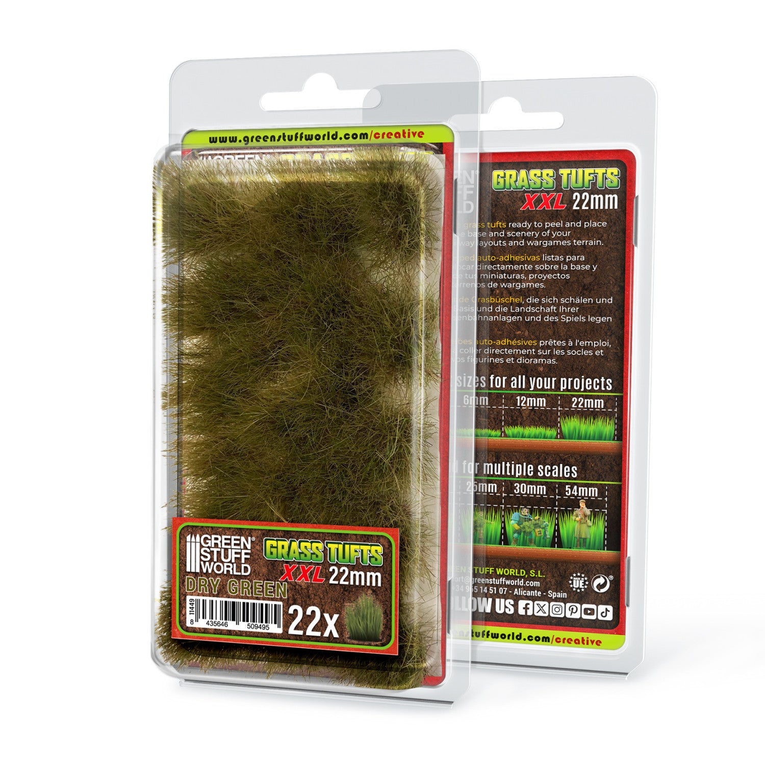 Grass Tufts XXL 22mm Dry Green Green Stuff World - opakowanie 22 samoprzylepnych kępek wyschniętej trawy, widok z przodu i tyłu
