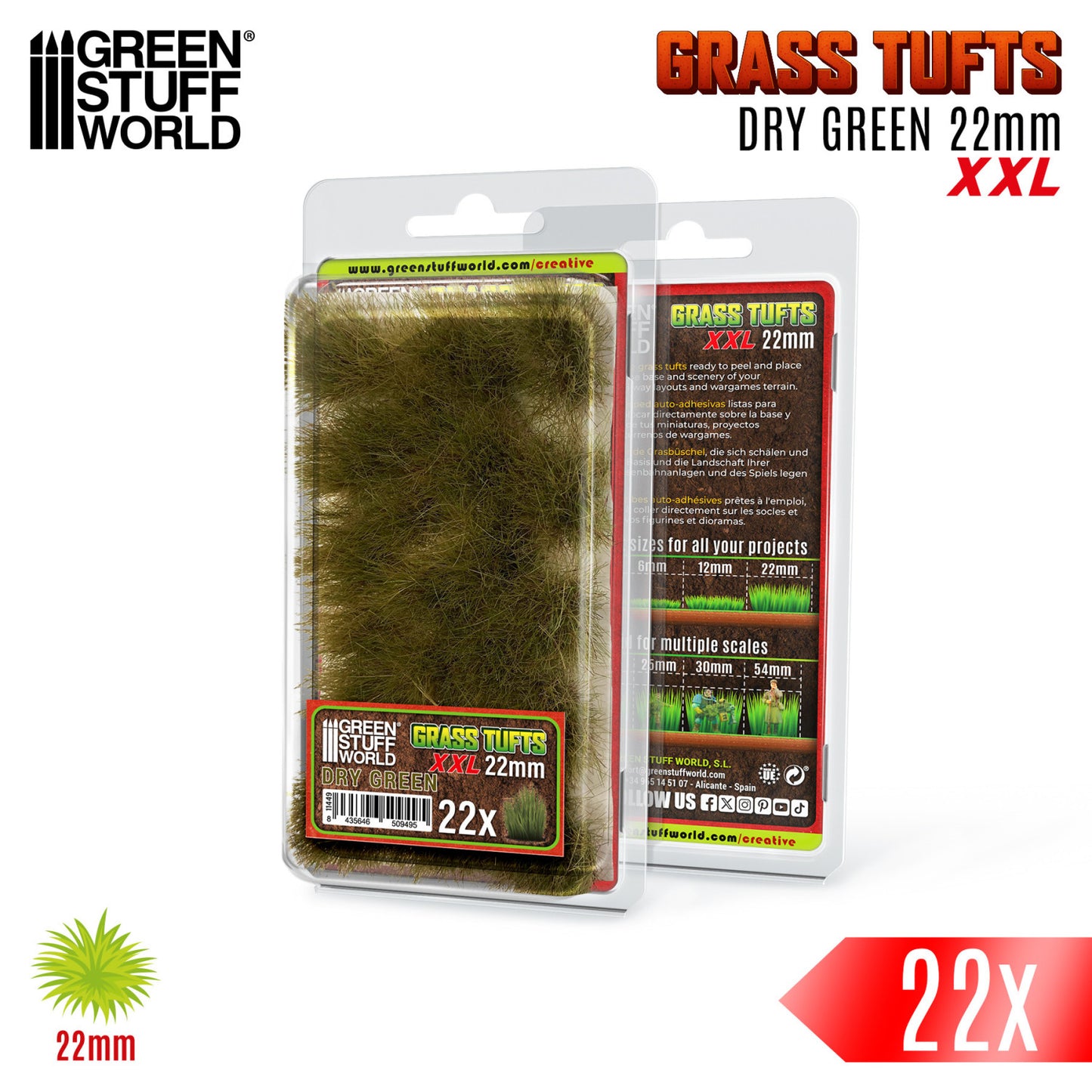 Grass Tufts XXL 22mm Dry Green Green Stuff World - opakowanie blister z opisem rozmiarów 6mm 12mm 22mm i skal 25mm 30mm 54mm
