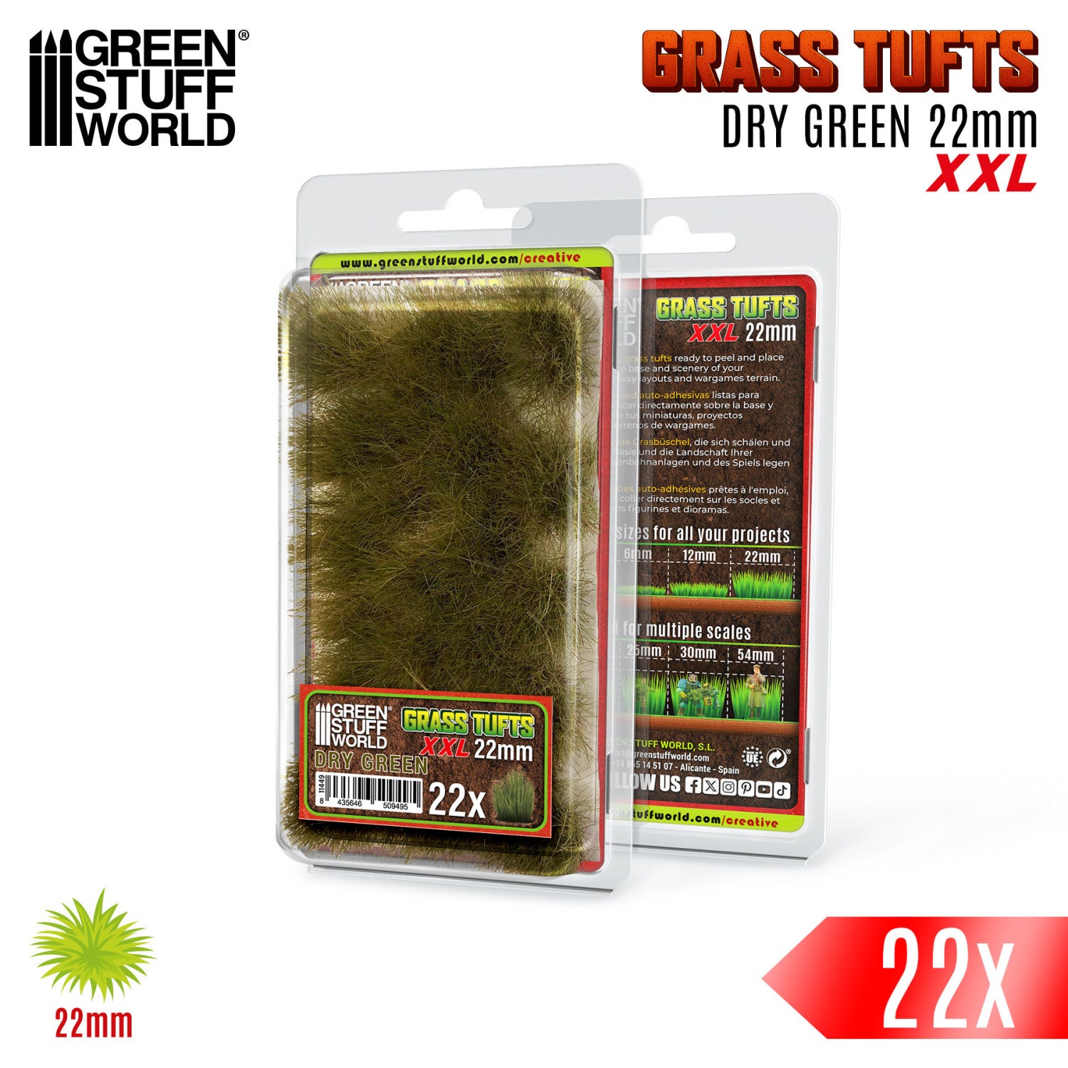 Grass Tufts XXL 22mm Dry Green Green Stuff World - opakowanie blister z opisem rozmiarów 6mm 12mm 22mm i skal 25mm 30mm 54mm
