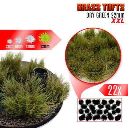 Grass Tufts XXL 22mm Dry Green Green Stuff World - kępki trawy na dioramie, zbliżenie na teksturę włókien i układ 22 sztuk na arkuszu
