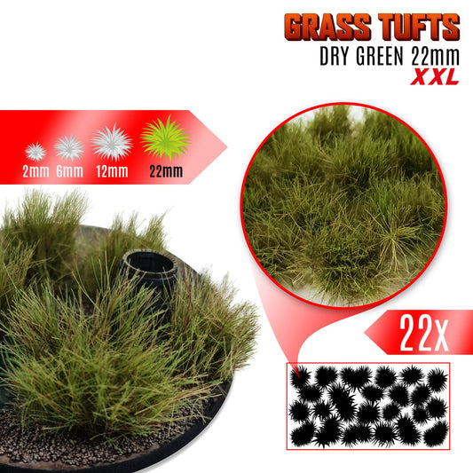 Grass Tufts XXL 22mm Dry Green Green Stuff World - kępki trawy na dioramie, zbliżenie na teksturę włókien i układ 22 sztuk na arkuszu
