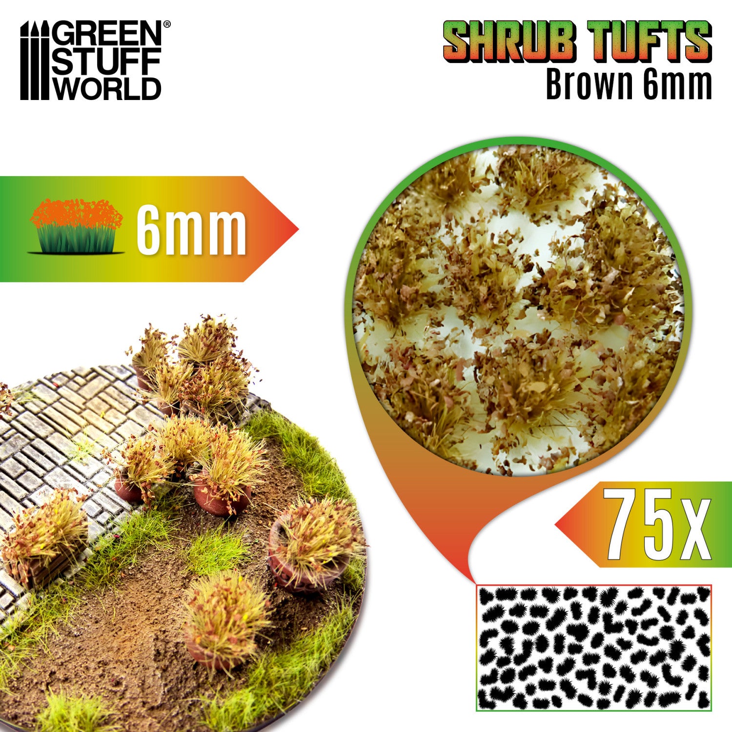 Shrub Tufts 6mm Brown Green Stuff World - kępki wyschniętych brązowych krzewinek na dioramie, zbliżenie na teksturę i układ 75 sztuk na arkuszu
