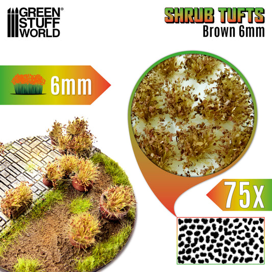 Shrub Tufts 6mm Brown Green Stuff World - kępki wyschniętych brązowych krzewinek na dioramie, zbliżenie na teksturę i układ 75 sztuk na arkuszu
