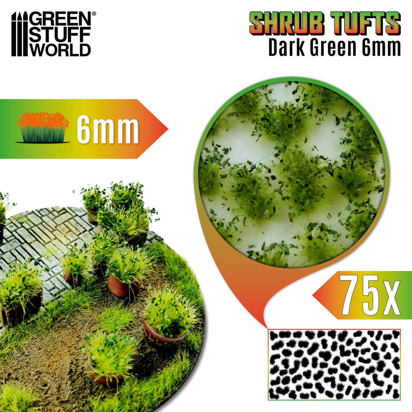 Shrub Tufts 6mm Dark Green Green Stuff World - kępki ciemnozielonych krzewinek na dioramie, zbliżenie na teksturę i układ 75 sztuk na arkuszu
