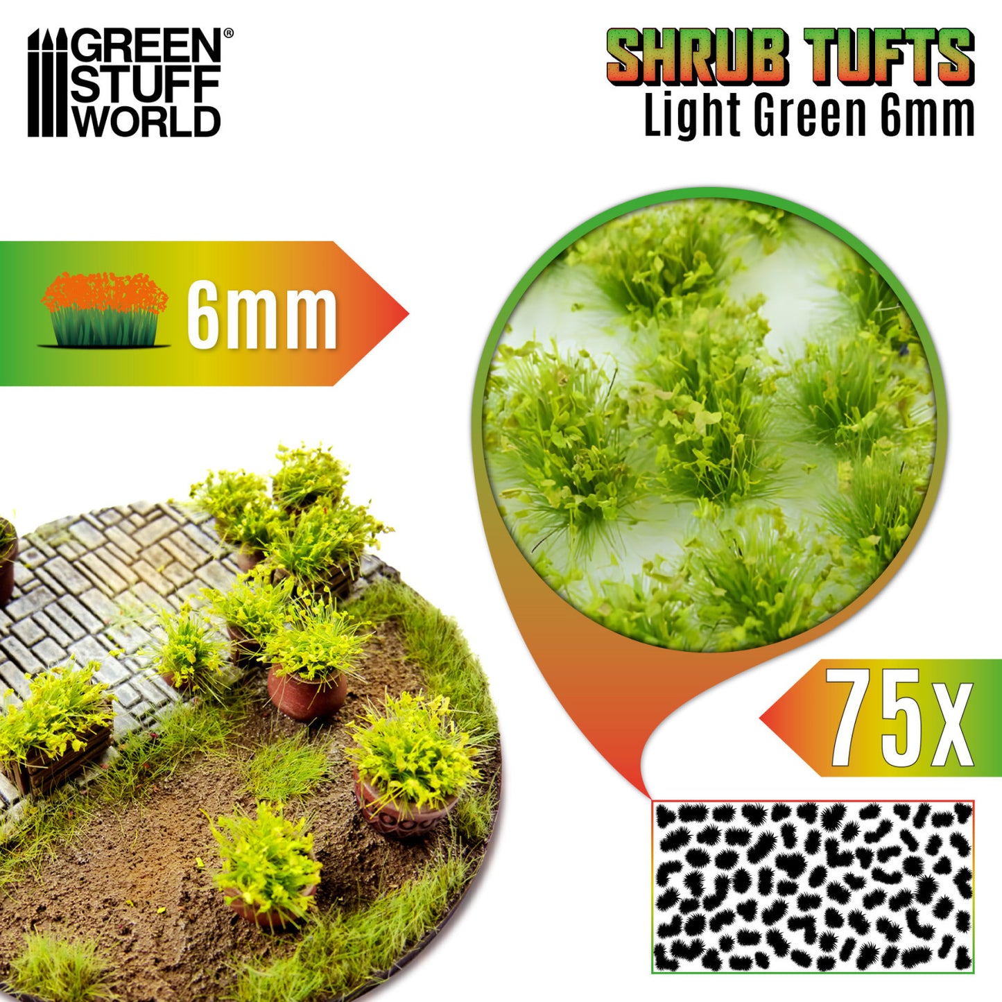 Shrub Tufts 6mm Light Green Green Stuff World - kępki jasnozielonych krzewinek na dioramie, zbliżenie na teksturę i układ 75 sztuk na arkuszu
