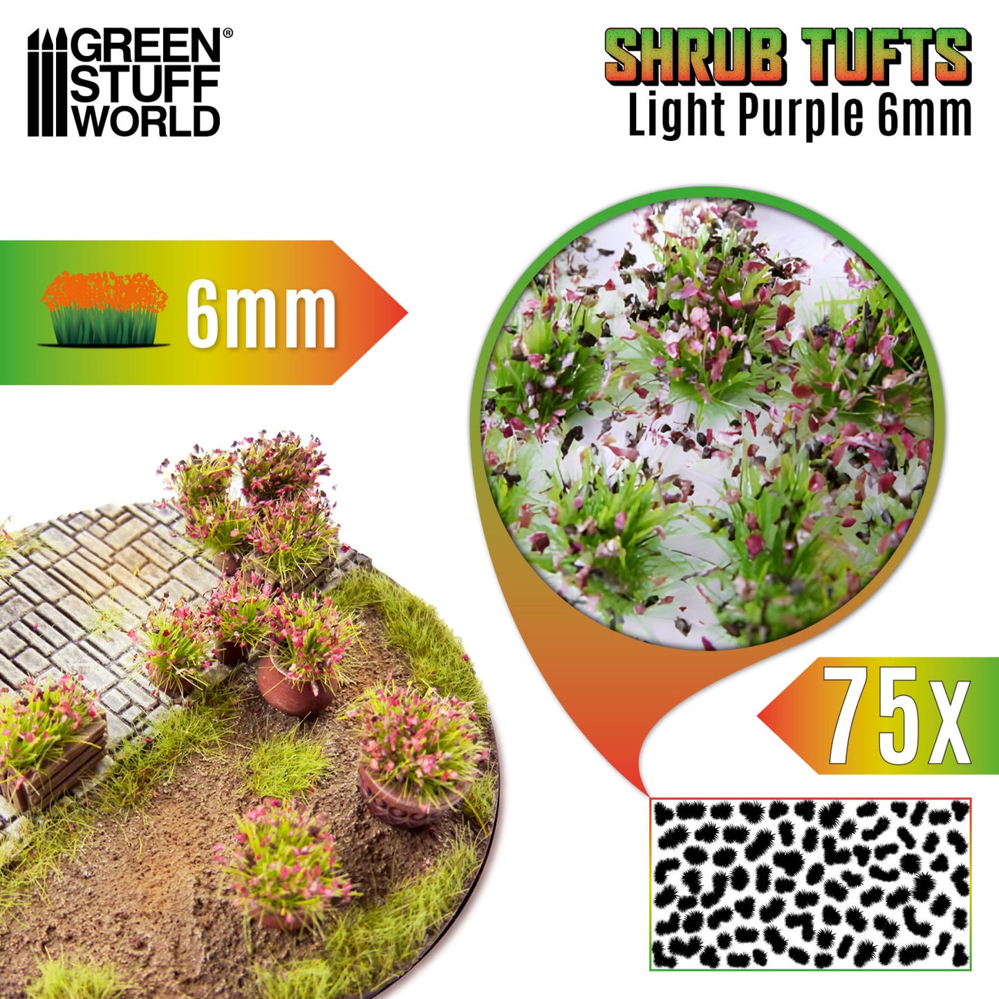 Shrub Tufts 6mm Light Purple Green Stuff World - kępki krzewinek z jasnofioletowymi kwiatami na dioramie, zbliżenie na teksturę i układ 75 sztuk na arkuszu, paleta kolorów serii
