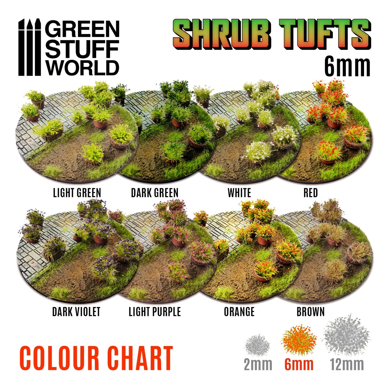 Shrub Tufts 6mm Light Purple Green Stuff World - paleta kolorów serii: Light Green, Dark Green, White, Red, Dark Violet, Light Purple, Orange, Brown, rozmiary 2mm 6mm 12mm
