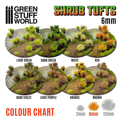 Shrub Tufts 6mm Light Purple Green Stuff World - paleta kolorów serii: Light Green, Dark Green, White, Red, Dark Violet, Light Purple, Orange, Brown, rozmiary 2mm 6mm 12mm
