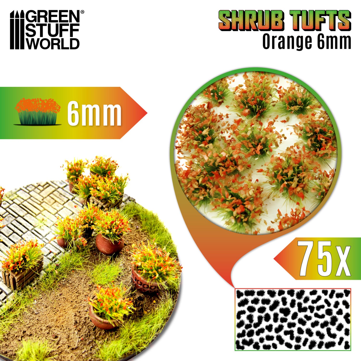 Shrub Tufts 6mm Orange Green Stuff World - kępki krzewinek z pomarańczowymi kwiatami na dioramie, zbliżenie na teksturę i układ 75 sztuk na arkuszu, paleta kolorów serii
