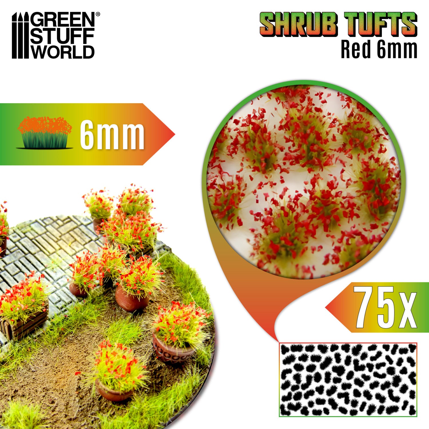 Shrub Tufts 6mm Red Green Stuff World - kępki krzewinek z czerwonymi kwiatami na dioramie, zbliżenie na teksturę i układ 75 sztuk na arkuszu
