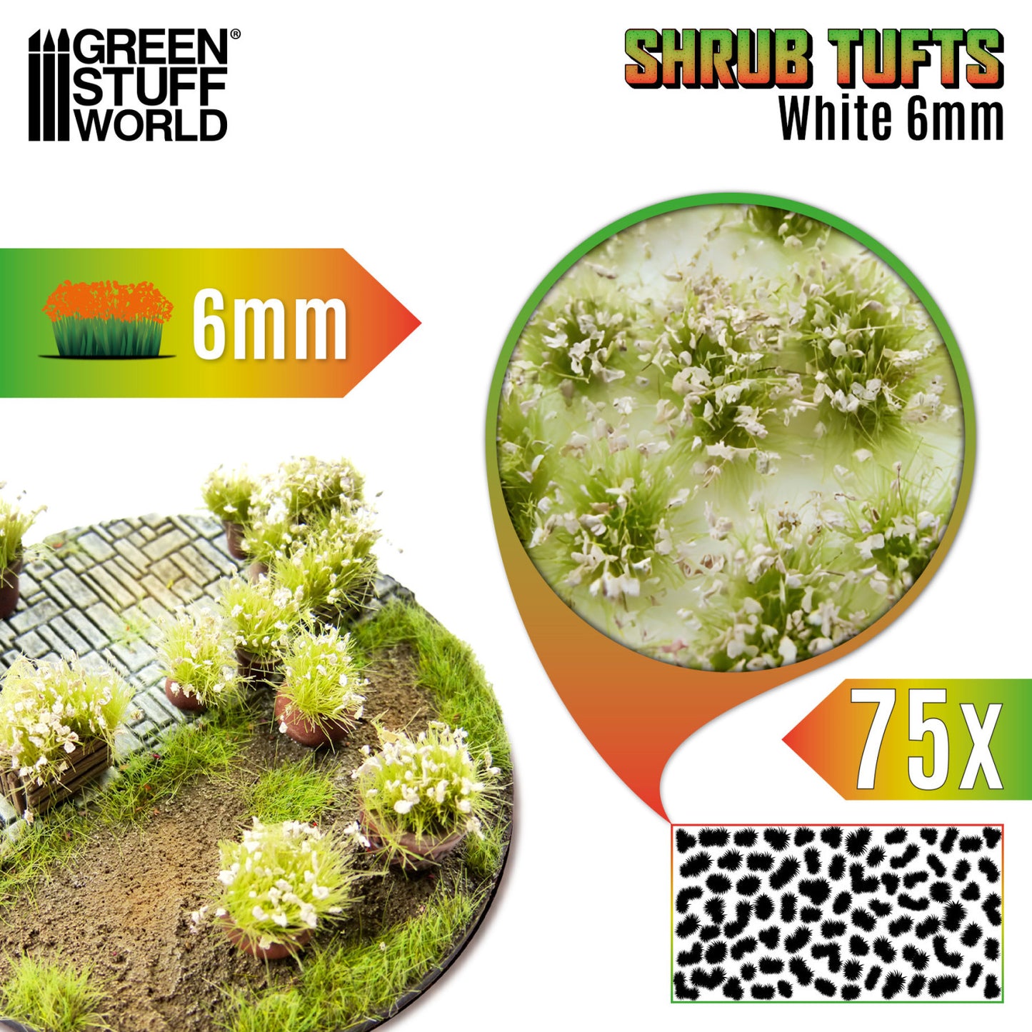 Shrub Tufts 6mm White Green Stuff World - kępki krzewinek z białymi kwiatami na dioramie, zbliżenie na teksturę i układ 75 sztuk na arkuszu
