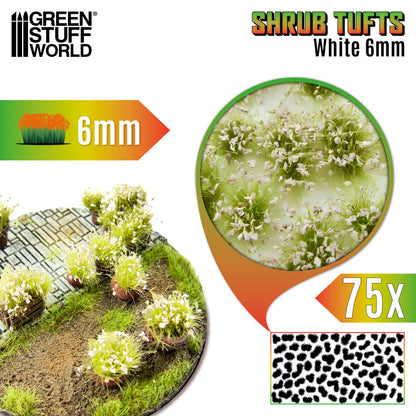 Shrub Tufts 6mm White Green Stuff World - kępki krzewinek z białymi kwiatami na dioramie, zbliżenie na teksturę i układ 75 sztuk na arkuszu

