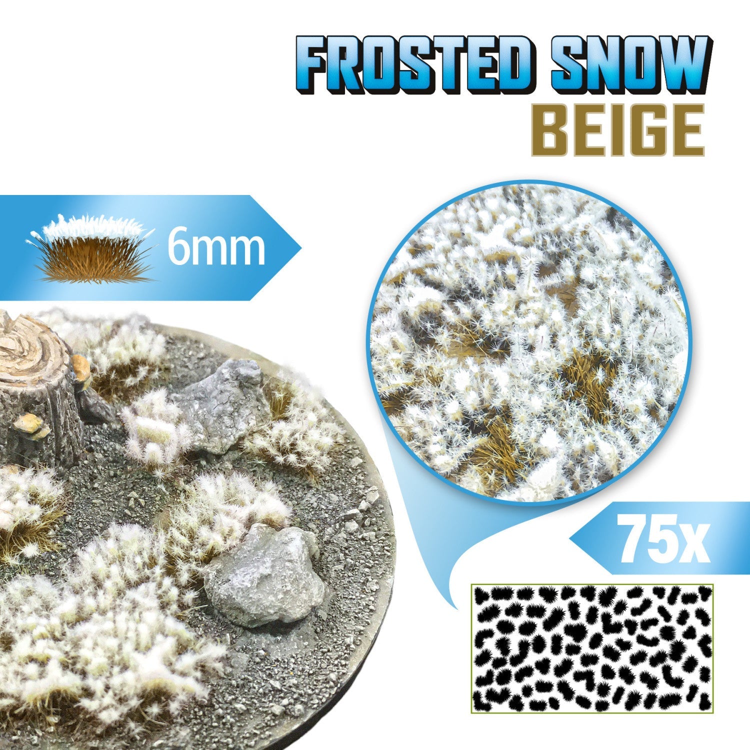Frosted Snow Tufts 6mm Beige Green Stuff World - kępki beżowej trawy pokrytej szronem na okrągłej podstawce z kamieniami i pniakiem, zbliżenie na teksturę włókien i układ 75 sztuk na arkuszu
